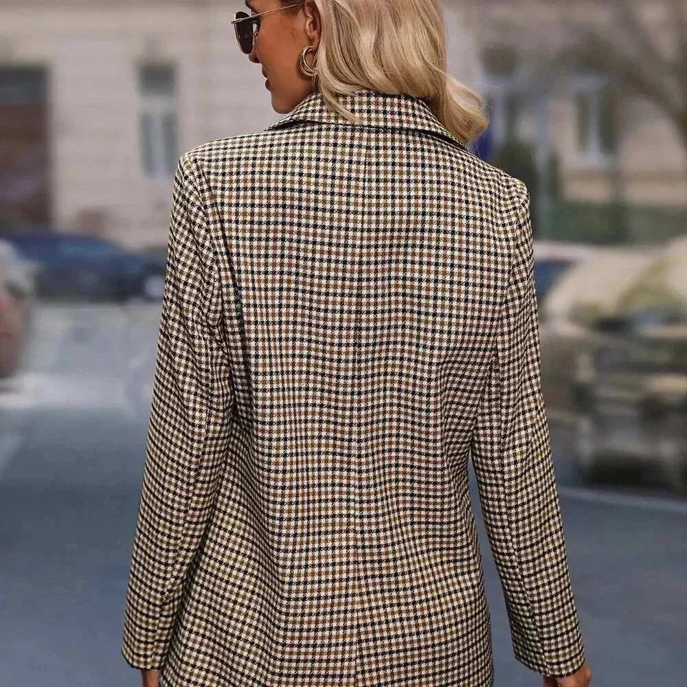 Casual Women's Plaid Print Double Breasted Blazer office chic